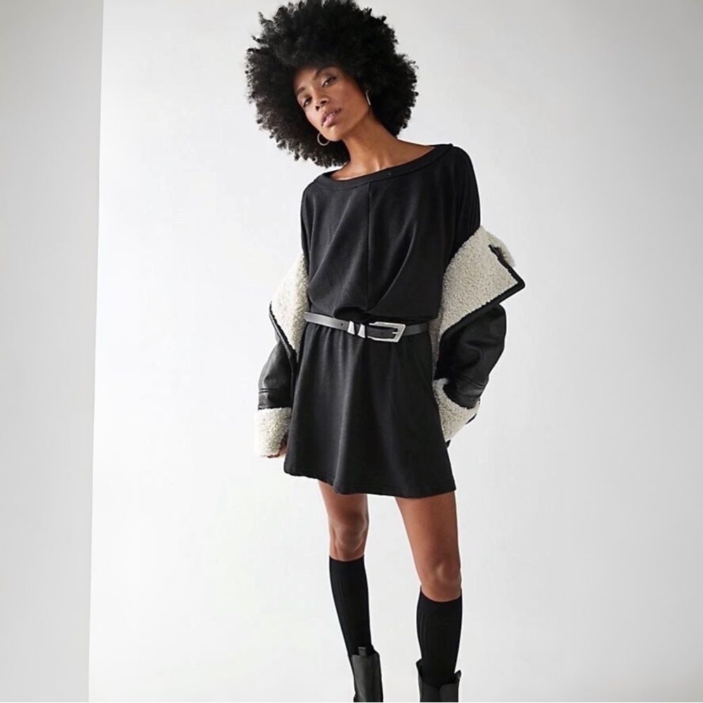 Free People Beach Santa Maria Long Sleeve Slouchy Mini Dress in Black | Medium